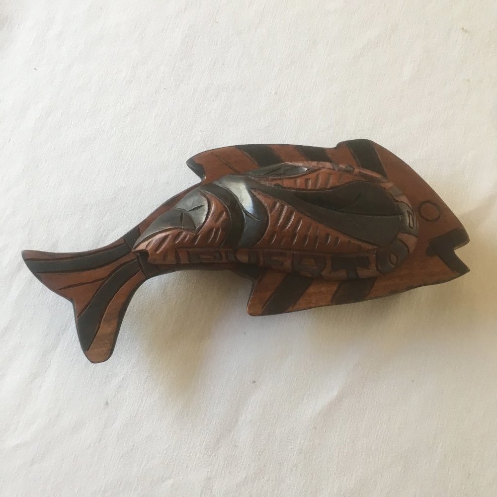 Wood Container With Cover Fish Shape. Haiti Made